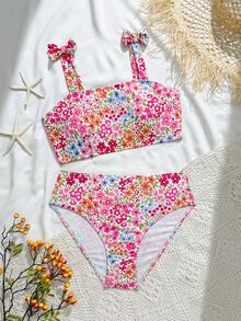 Bộ đồ bơi dệt kim in kỹ thuật số dễ thương dành cho thiếu nữ, có dây đeo vai thắt nơ, kiểu dáng thời trang Âu Mỹ kín đáo, thanh lịch và thoải mái, thích hợp cho mùa hè, bơi lội và đi biển. - Nhiều màu - Xem 1