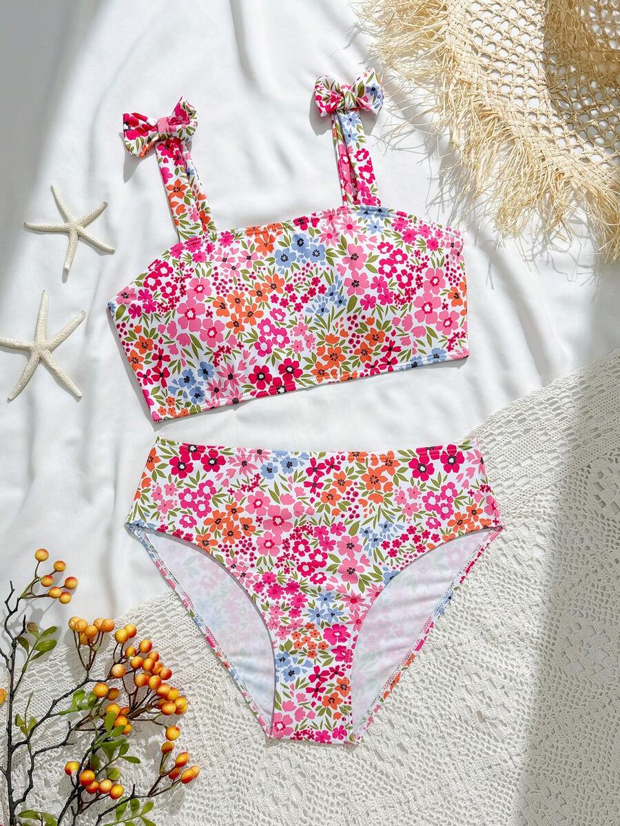 Bộ đồ bơi dệt kim in kỹ thuật số dễ thương dành cho thiếu nữ, có dây đeo vai thắt nơ, kiểu dáng thời trang Âu Mỹ kín đáo, thanh lịch và thoải mái, thích hợp cho mùa hè, bơi lội và đi biển. - Nhiều màu - Xem 1