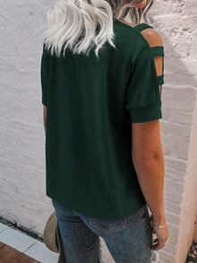 SHEIN LUNE Women's Solid Color Cutout V-Neck Casual T-Shirt - Green - View 2