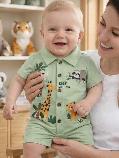 SHEIN Newborn Baby Boy Short Sleeve Lapel Cute Animal Print Apricot Snap-Up Romper, Infant Summer Lapel Jumpsuit, Suitable For Spring & Summer, Fits 3M-24M Unisex Baby Clothes Baby Clothes For Boys Safari Outfit For Baby Boy Boy Zoo Outfit Baby Boy Romper Summer Newborn Shirt Romper