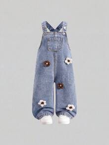 SHEIN Washed Denim Bib Pants For Baby Girls, Floral Print Loose Jumpsuit - Light Wash - View 7