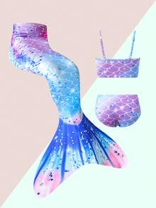 SHEIN GraphicGems Young Girl Mermaid Tail 3 Pieces Set With Scaly Print Elastic Fabric, Ruffle Trim Camisole And Briefs, Comfortable For Swimming And Beach In Summer - Multicolor - View 6