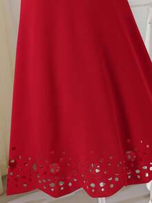 SHEIN Girls' Solid Color Twist Back Bow Hem Hollow Floral Pattern Dress, Casual Vacation Style, Fashionable Versatile Design, Suitable For Indoor & Outdoor Wear In Summer - Red - View 4