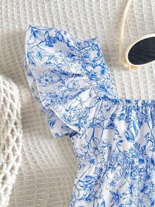 SHEIN Blusa casual de manga corta con estampado floral para niñas preadolescentes, versátil y de moda, ideal para primavera, verano, Día de la Madre y graduación - Azul y blanco - Ver 3