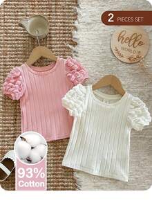SHEIN 2pcs Cute Casual Solid Color Bubble Short Sleeve Knit Tops, "Babygirl" - Multicolor - View 8