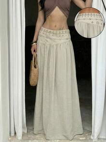 Firerie 女士新款杏色亚麻质感宽松半身裙，低腰超长款，夏季流行单品，复古设计感半身裙，复古度假风半身裙，简约风半身裙，斜开衩伞裙，串珠腰带半身裙，春夏款，优雅百搭，通勤、约会、音乐节、工作、波西米亚风、度假、海滩风，舒适百搭 - 杏色 - 查看 3