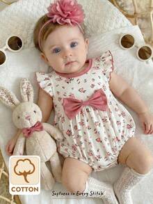 Cozy Pixies Baby Mädchen Blume Muster Kontrast Farbe Schleife Rundhals ärmelloses Romper - Pink - Übersicht 3