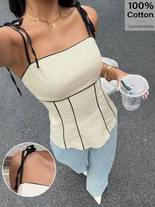 Camiseta de mujer con ribete de color contrastante, tops de verano para mujer, tops de tirantes para mujer, tops casuales para mujer, tops de algodón para mujer - Albaricoque - Ver 3