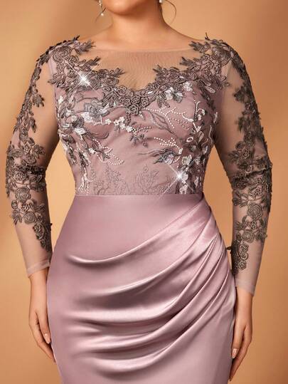 Serin Elegantes, luxuriöses Kleid in Lotosrosa mit Perlenstickerei, Satinpatchwork, Rundhalsausschnitt, transparenten Ärmeln, Raffung und Schlitz, geeignet für Abendpartys, Galas, Hochzeiten, Urlaub, Brautmutter, Gäste