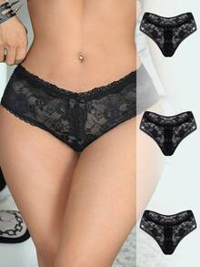 3pcs/Set Black Comfortable Lace Bow Trim Women's Bikini Panties - Black - View 3