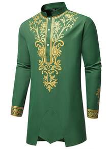 Calvornis Men's Standard Size Floral Pattern Robe Shirt, Middle Eastern Holiday Gift - Green - View 3