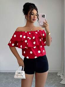 Elenzga 女士复古优雅波点印花露肩层叠荷叶边衬衫，夏季 - 紅色 - 查看 5