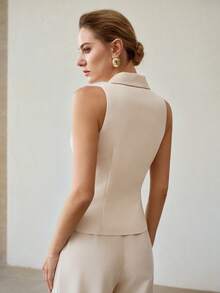PREMIUM WOVEN SHINY SATIN ELEGANT SLEEVELESS BLAZER - Apricot - View 3