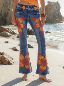 ROMWE Y2K Island Girl Low-Waist Skinny Printed Women's Jeans - Multicolor - View 2