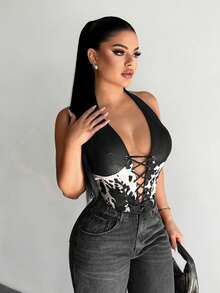 SHEIN SXY Leather Patchwork Animal Print Sexy Top - Black - View 4