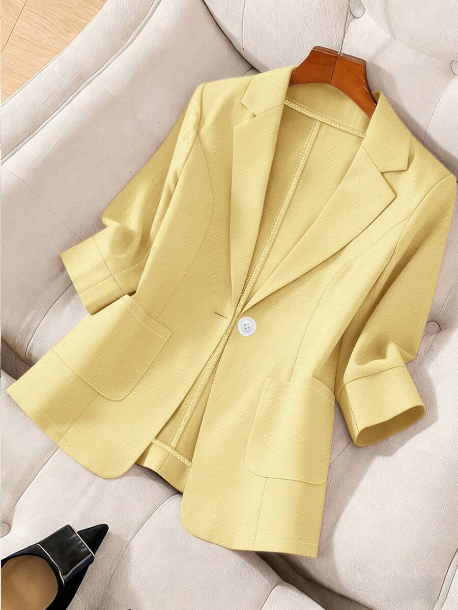 GlowEve CURVE Plus Size Women Solid Color Lapel NeckSingle-Breasted Casual Jacket Fall - Yellow - View 1