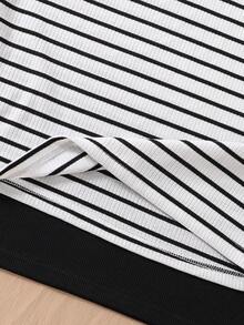 SHEIN Sparklyn Soft Striped Fitted Basic Dress Set For Teenage Girls - Black and White - View 6