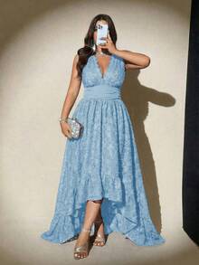 Viva Relle Vestido elegante de talla grande con cuello en V y cintura ceñida con encaje - Azul - Ver 5
