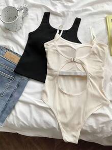 Franclia Women's Minimalist Solid Color Backless Spaghetti Strap Bodysuit, Versatile For Summer - Apricot - View 2