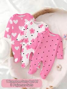 SHEIN [Random 3 Sets, Send 1 Set] Cute Heart All-Over Print, Artistic Floral Print, Fuchsia Polka Dot Print, Newborn Footie Pajamas, Comfortable And Convenient, Spring/Summer Soft Casual Sleepwear Set, Makes Baby Look Adorable And Lively, Soft And Comfortable Fabric - Multicolor - View 8