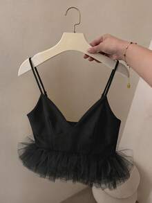 Franclia 女士夏季V领网纱拼接露背吊带连衣裙 - 黑色 - 查看 1