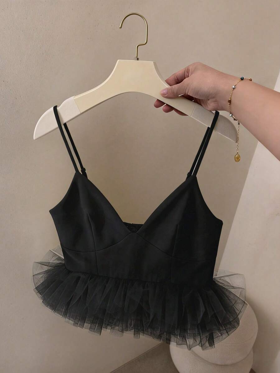 Franclia 女士夏季V领网纱拼接露背吊带连衣裙 - 黑色 - 查看 1