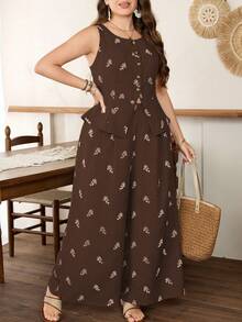 Lacomfia Women's Fitted Vest And Wide Leg Pants Casual Boho Printed 2 Pieces Set, Comfortable Plus Size Vacation Brown Summer - Chocolate Brown - View 5