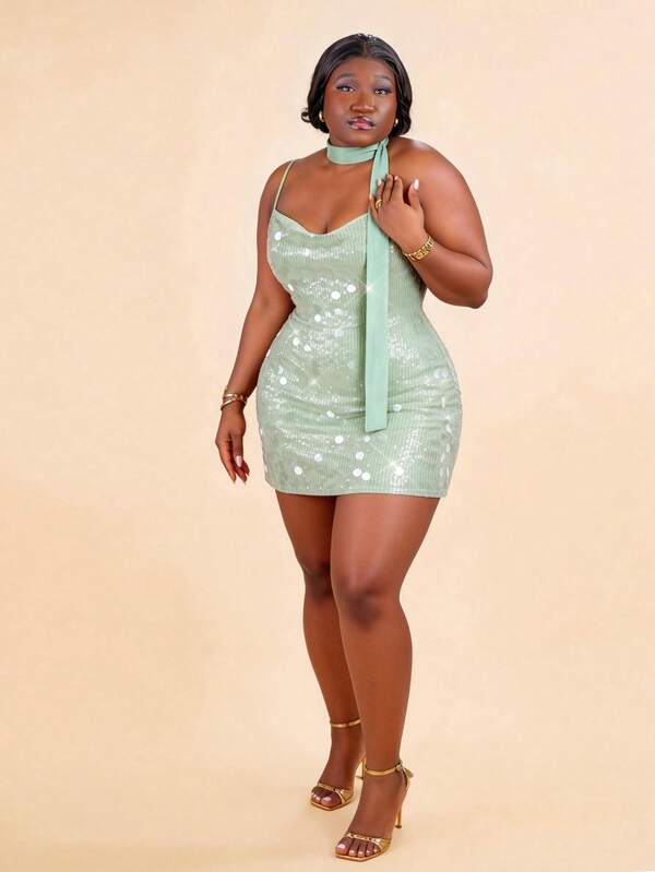 CurvyTilda Đầm dáng chữ A màu xanh bạc hà cỡ lớn, cổ xếp ly, dây mảnh, đính sequin, đầm dự tiệc.