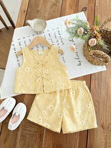 Emery Rose Kids Emery Rose Kids 两件套女童条纹圆领上衣和短裤套装 - 黃色 - 查看 2