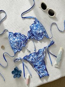 Swim Mod Top de traje de baño con adorno floral y Bottom de triángulo con lazos para niña - Multicolor - Ver 6