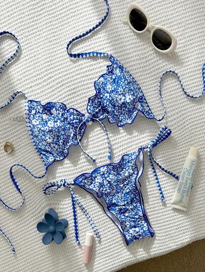 Swim Mod 女童碎花边平胸泳衣上装和侧系带三角泳裤