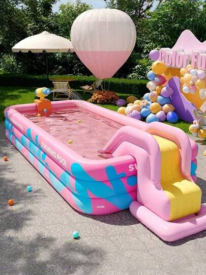 Duży różowy nadmuchiwany basen, odpowiedni do użytku rodzinnego jako basen, mobilny park wodny, uniwersalny obiekt rozrywki wodnej do użytku wewnątrz i na zewnątrz, basen imprezowy, wykonany z grubego i odpornego na zużycie materiału PVC.
