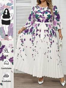 SHEIN CURVE+ Plus Size Women's Elegant White Summer Wedding Guest Printed Pleated Dress,Long Sundress For Beach Vacation,Graduation,Tea Party & Country Outfits - Purple - View 1