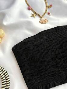 SHEIN 少女豹纹抹胸露脐吊带背心搭配高腰荷叶边半裙两件套，休闲假日街头风 - 黑色 - 查看 3