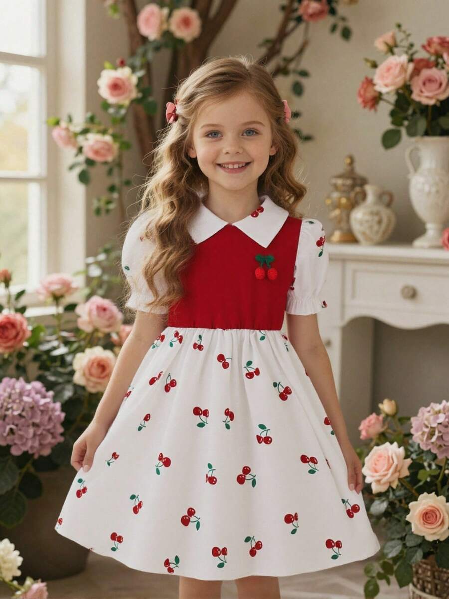 女童编织领花瓣袖印花连衣裙 - 紅色 - 查看 1