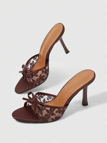 Sleekvia New Fashionable Versatile Rhinestone Bow Strap Stiletto High Heel Sandals For Christmas Summer - Brown net - View 7