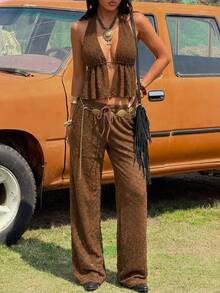 SHEIN EZwear 棕色网纱吊带上衣和裤子套装（女士款） - 咖啡棕 - 查看 9