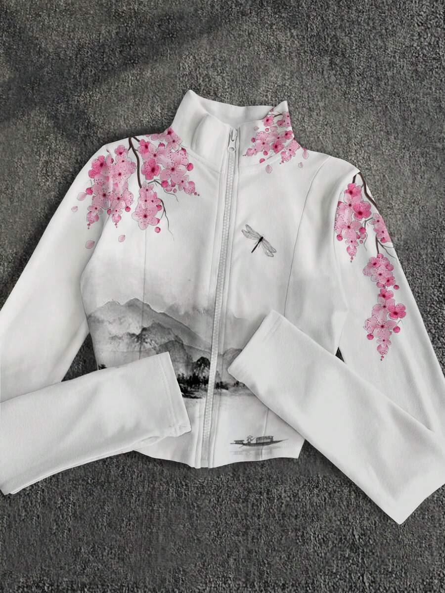 IslaSuriya Y2K风格樱花水墨印花轻薄外套,时尚休闲运动拉链设计,修身长袖,适合户外旅行,礼品之选。 - 白色 - 查看 1