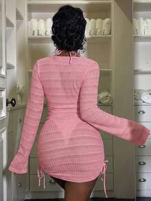 春夏新款亮泽纯色荧光黄纹理面料高弹性感镂空侧边修身黑色派对外出航海度假沙滩连衣裙女士浪漫度假连体泳衣罩衫 - 粉色 - 查看 2