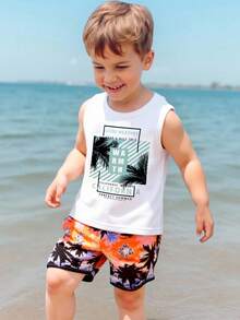 SHEIN 男童休闲无袖背心，经典棕榈树印花，适合夏季穿着 - 彩色 - 查看 1