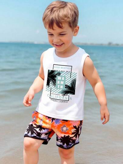 SHEIN Young Boy Casual Sleeveless Tank Top, Classic Palm Tree Print, Suitable For Summer