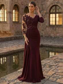 Aureia 优雅奢华的珍珠串珠网纱袖褶皱鱼尾弹力针织连衣裙，适合婚礼、派对、节日、新娘送礼会、晚宴等场合。 - 紫紅色 - 查看 8