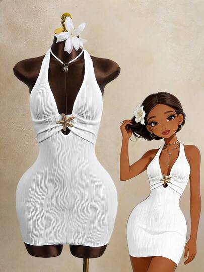 Zestiva High-Selling Spring/Summer Special Jacquard Textured Fabric Halter Neck Tie Front Metal Starfish Decor Backless Dress