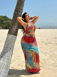 Sunnyshic Plus Size Women Leopard Print Metal Starfish Decor Hollow Out Sexy Halter Dress - Multicolor - View 4