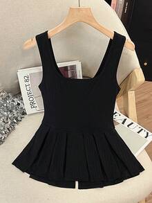 GlowEve Women's Fashion Textured Crew Neck Metal Zipper Elegant Romantic Casual Daily Commute Dinner Tank Top, Spring/Summer - Black - View 2