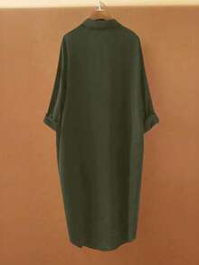 SHEIN LUNE 女士加大码纯色衬衫裙，简约翻领单排扣长款不对称下摆，百搭休闲通勤宽松衬衫裙，秋冬款 - 綠色 - 查看 2