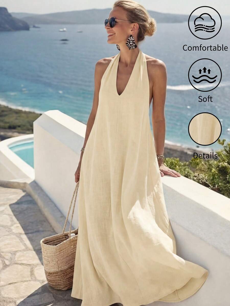 Breezaya 2026夏季女士优雅露背深V领系带沙滩度假连衣裙