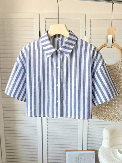 SHEIN Áo sơ mi ngắn tay kẻ caro đỏ trắng kiểu retro thường ngày dành cho bé gái tuổi teen.