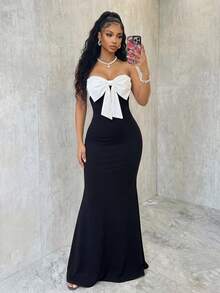 SHEIN ChicEase Đầm cúp ngực dáng đuôi cá thanh lịch dành cho nữ, phối màu tương phản, đính nơ 3D, thích hợp cho mùa xuân/hè. - màu đen - Xem 8