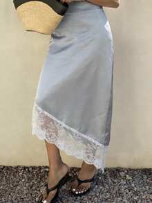 DAZY Women's Satin & Lace Patchwork Skirt, Spring/Summer - Blue - View 2